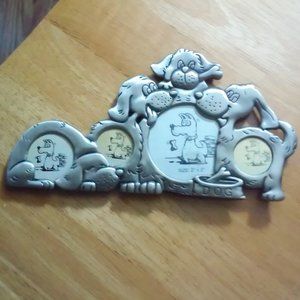 Silver Dog Picture Frame Dog Design 7 1/2" Long 4" Tall Holds 4 Pictures Stands